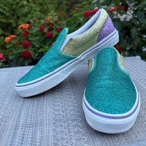 Vans Glitter Teal purple Gold size juniors 6.5 Slip-Ons. New without tags or box